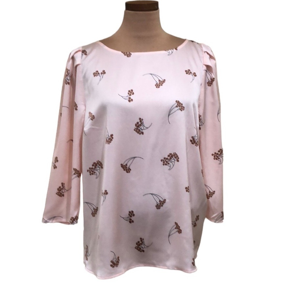 NWT Ann Taylor Factory Blouse Size Large Pastel Pink Floral Puff Sleeve